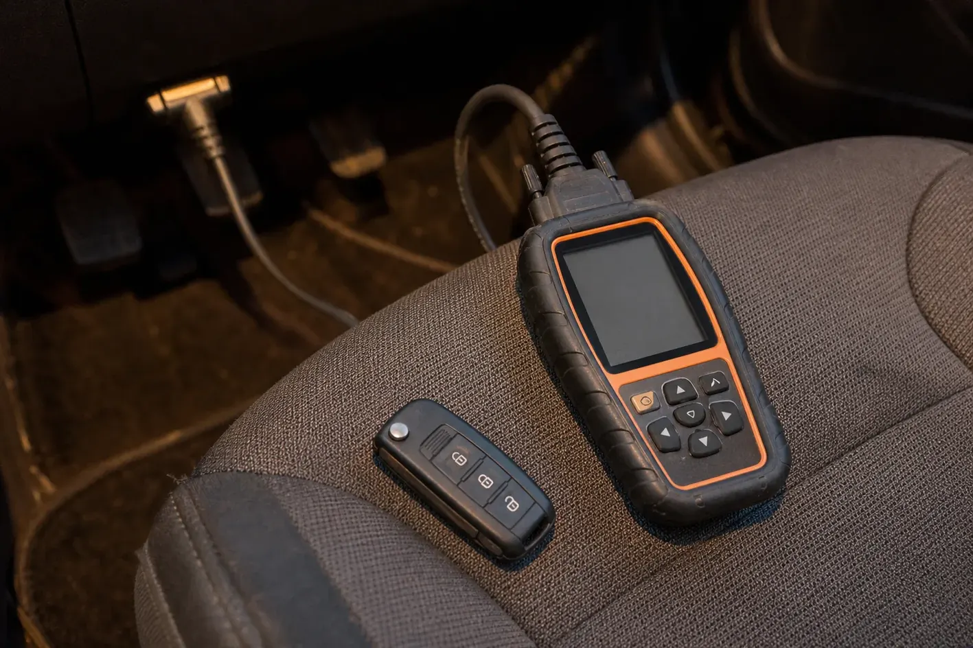Car key programmer plugged into the OBD port, Killeen, TX
